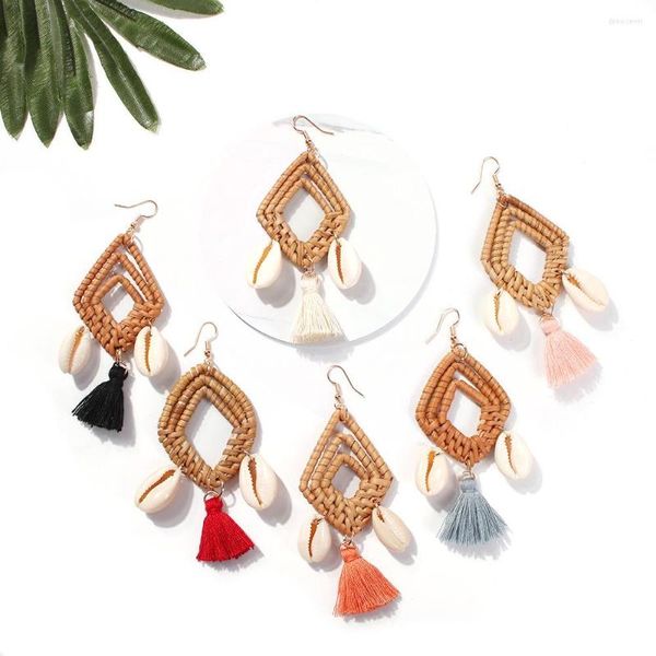 Boucles d'oreilles pendantes coquille rotin tissé à la main conque fil de soie gland bijoux pour femmes