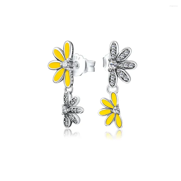 Boucles d'oreilles pendantes marguerite scintillante avec émail jaune, bijoux en argent sterling 925