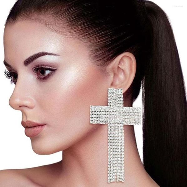 Pendientes colgantes de cristal brillante para mujer, aretes largos de gran tamaño con borla cruzada, joyería de boda con diamantes de imitación, aretes colgantes grandes