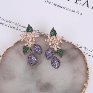 Boucles d'oreilles pendantes brillantes pour femmes, longues, jaune, violet, rose, pierre de Zircon cubique, fleur de fête, accessoires de bijoux