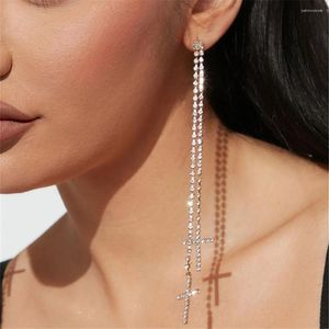 Boucles d'oreilles pendantes brillant strass gland chaîne Double croix pendentif Long cadeau de noël pour les femmes cristal breloque goutte
