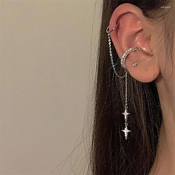 Pendientes colgantes Color plata brillante Borla de cristal Brazalete no perforante Pendiente de clip de oreja para mujer Estrella de diamantes de imitación Perforación de cartílago falso