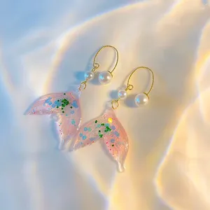 Boucles d'oreilles pendantes en Zircon brillant, rose, violet, queue de poisson pour femmes, élégantes, Imitation de perles, longues pampilles, bijoux de mariage à la mode