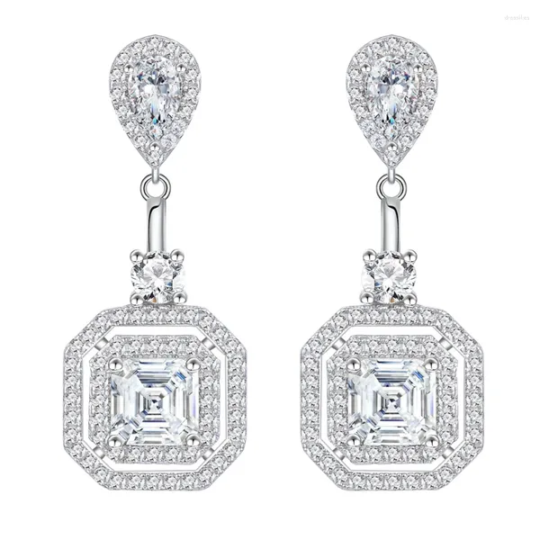 Boucles d'oreilles pendantes en argent Sterling 925 massif, coupe Asscher, saphir blanc, pierres précieuses, bijoux fins pour fête de mariage, vente en gros