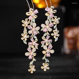 Pendientes colgantes Joyería de plata 925 para mujer Flor exagerada Planta Gota larga Colgante Lujo 18K Chapado en oro Pendiente de borla de moda