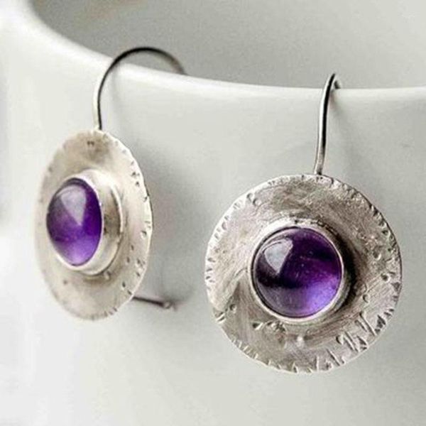 Boucles d'oreilles pendantes couleur argent cercle métal crochet incrusté violet bleu foncé pierre bijoux pour femmes fille boucle d'oreille cadeaux