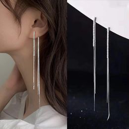 Dangle Oorbellen Zilver Kleur Lange Tassel Drop Voor Vrouwen Stijl Terug Hangende Earlines Glanzende Zirkoon Mode Bruiloft Sieraden