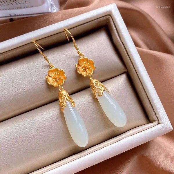 Pendientes colgantes de plata con incrustaciones de Jade Natural en forma de gota, flor de Magnolia Retro, estilo chino, joyería clásica para mujer