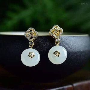 Boucles d'oreilles pendantes argent incrusté naturel Hetian blanc Jade Style chinois rétro Unique ancien or artisanat charme femmes marque bijoux