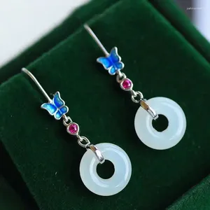 Boucles d'oreilles pendantes en argent incrusté de calcédoine hétienne naturelle, Long papillon mignon, petit bijou de marque chinoise rétro frais pour femmes