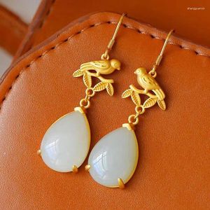 Dangle Oorbellen Zilver Natuurlijk Een Witte Chalcedoon Druppel Chinese Stijl Retro Unieke Oude Gouden Ambachtelijke Charme Damessieraden