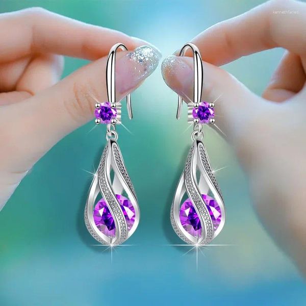 Boucles d'oreilles pendantes en cristal violet élégant plaqué argent pour femmes, bijoux à la mode, accessoires de fête de mariage, cadeau de noël