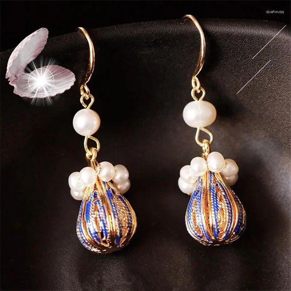 Boucles d'oreilles pendantes simples en plaqué or véritable 14 carats, couleur émail, goutte d'huile, perle d'eau douce, bijoux élégants et charmants pour femmes