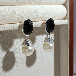 Boucles d'oreilles pendantes simples en Onyx noir, clous de luxe en perles de coquille pour femmes, boucles d'oreilles classiques élégantes en forme de larme