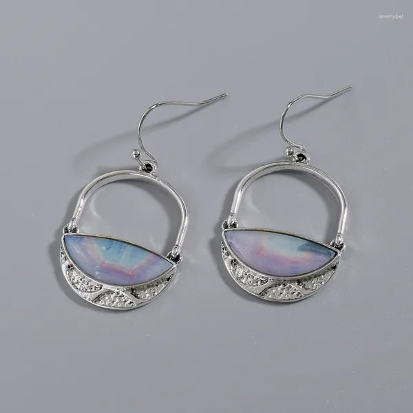 Pendientes colgantes simples circulares de metal francés romántico azul rosa concha joyería de mujer