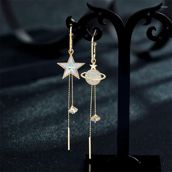 Pendientes colgantes Simple Lindo Pentagrama Tierra Borla larga Gota para mujeres Pendiente de asimetría de cristal Declaración de joyería de moda coreana 2023