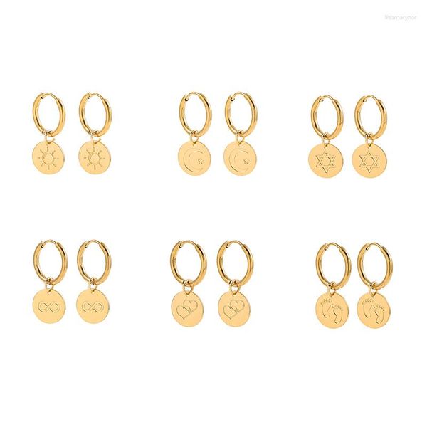 Pendientes colgantes de diseño sencillo para mujer, gota de cobre redondo de Color dorado, corazón de amor, sol, luna, estrella, colgante circular, joyería