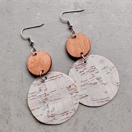 Boucles d'oreilles pendantes en cuir, motif d'écorce géométrique Simple, Texture Morandi, mosaïque en bois rond, bijoux bohème