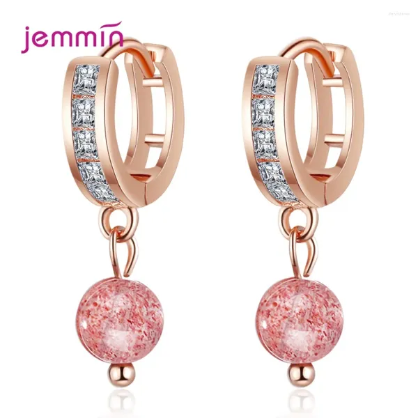 Boucles d'oreilles pendantes tendance coréenne simple en argent sterling 925 avec boule de zircon ronde mignonne avec cristal de fraise pour femme, bijoux de fête quotidiens