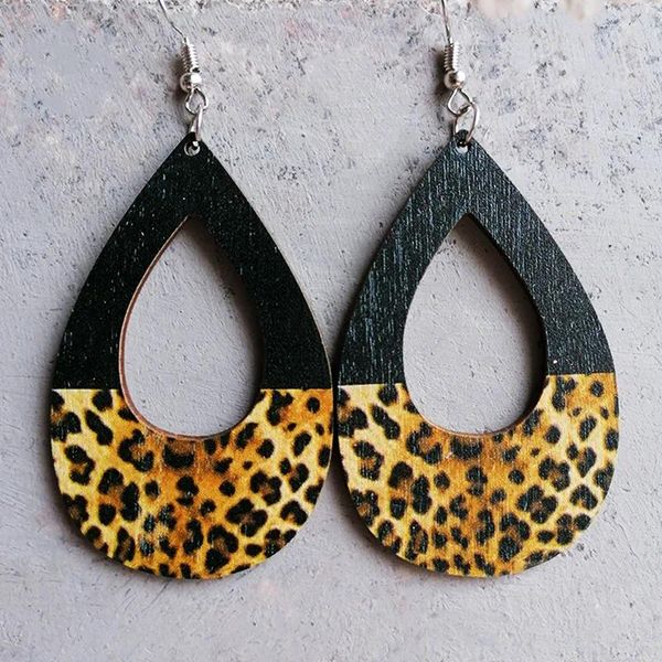 Pendientes colgantes Simple leopardo imitación piel vaca patrón costura gota de agua madera accesorios clásicos