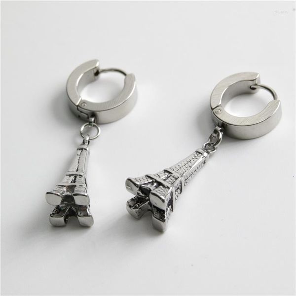 Boucles D'oreilles Pendantes Simple Personnalité Tour Eiffel Française Couleur Argent Acier Titane Homme Et Femme Hip Hop