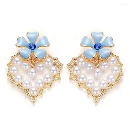 Boucles d'oreilles pendantes en forme de cœur et de perle pour femme, bijoux à la mode, fleur bleue rose, coréenne, mignonnes pour filles, 2023