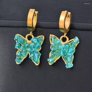 Boucles d'oreilles pendantes SINLEERY 316L en acier inoxydable bleu vert cristal papillon goutte pour les femmes couleur or fête bijoux cadeaux ES935 SSB