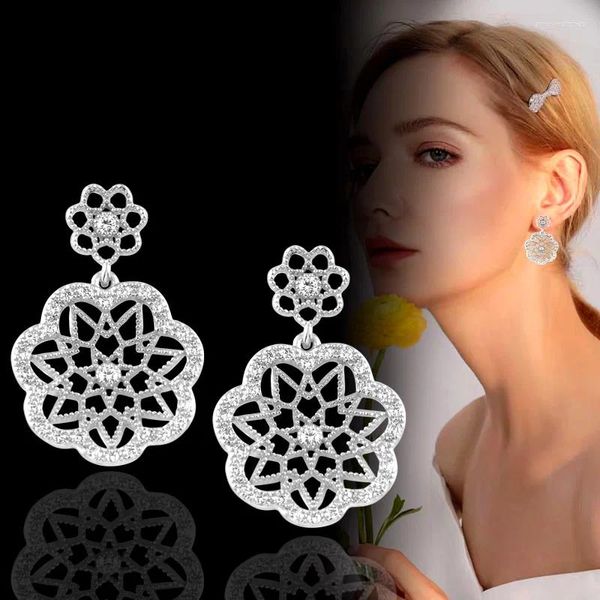 Pendientes colgantes SINLEERY romántico encaje en forma de flor hueca Color oro rosa plata mujeres accesorios de joyería de boda ES637