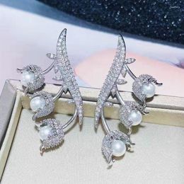 Boucles d'oreilles pendantes SINZRY élégant fantaisie bijoux de fête dame cubique Zircon perle fleur argent aiguille pour les femmes