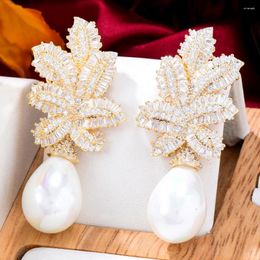 Orecchini pendenti Siscathy Dubai Splendida foglia di perla appesa per le donne Orecchini con zirconi cubici Orecchini per feste di matrimonio Anniversario Gioielli femminili