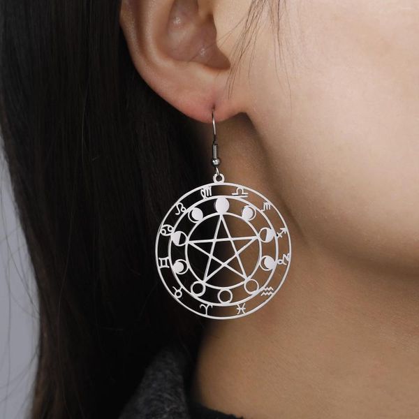 Boucles d'oreilles pendantes Skyrim Phase de lune Pentacle zodiaque rond femmes acier inoxydable Wicca amulette pentagramme bijoux cadeaux