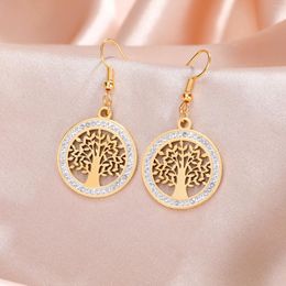 Boucles d'oreilles pendantes Skyrim arbre de vie pour femmes, en acier inoxydable, couleur or, Zircon transparent, pendentif rond, amulette, bijoux cadeau