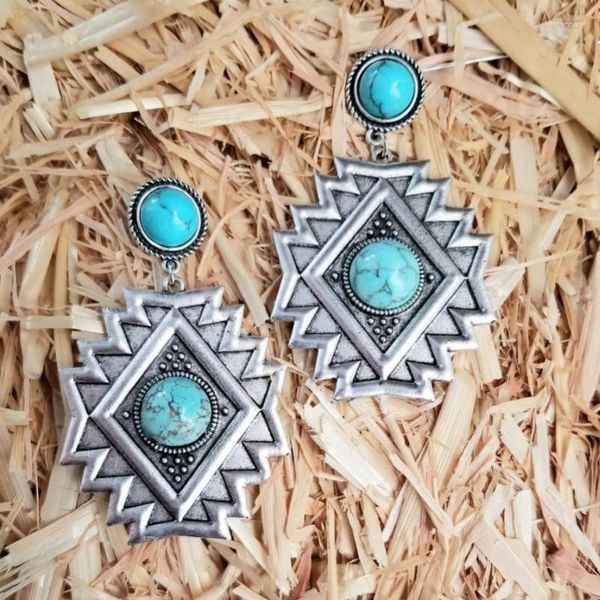 Boucles d'Oreilles Pendantes Sud-ouest Antique Léger Turquoise Aztèque