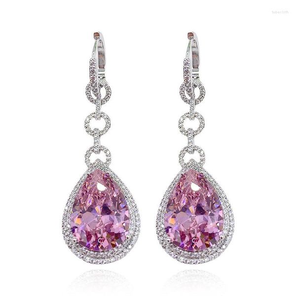 Boucles d'oreilles pendantes scintillantes en argent 925, saphir rose, topaze en cristal CZ, bijoux de mariage longs et en forme de larme, cadeau pour les mariées