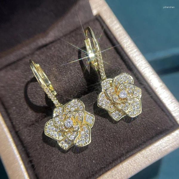 Pendientes colgantes con gancho de flor brillante para mujer, piedra CZ totalmente pavimentada, Color plata/Color dorado, joyería de compromiso de boda 2023