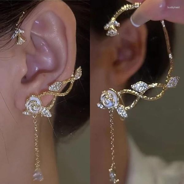 Boucles d'oreilles pendantes étincelantes Zircon feuille fleurs sans Piercing oreille Clips pour femmes mode manchette Clip bijoux de mariage