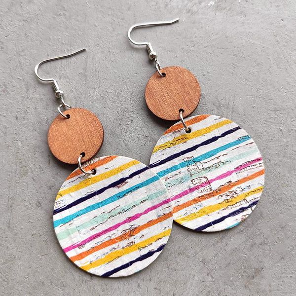 Boucles d'oreilles pendantes pour femmes, Design printemps-été, frange colorée, disque circulaire en bois de liège imprimé, bijoux à la mode, cadeau, vente en gros