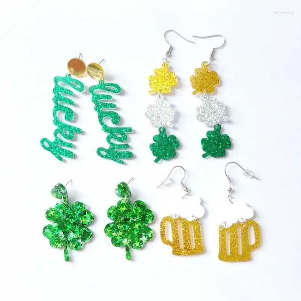 Pendientes colgantes Día de San Patricio Festival irlandés verde Suerte Acrílico brillante Trébol Hierba Cerveza Regalo decorativo