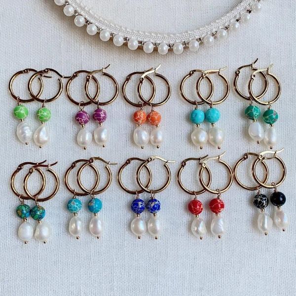Boucles d'oreilles pendantes en acier inoxydable, bijoux Boho à la mode, multicolores, Turquoises impériales, jaspes, véritables perles baroques naturelles, goutte d'eau