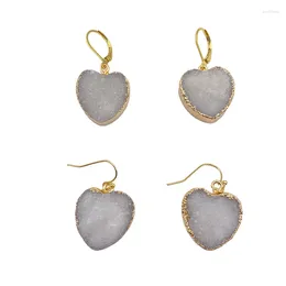 Boucles d'oreilles pendantes en acier inoxydable, métal naturel Druzy en forme de cœur, cristal véritable, couleur or, cadeau pour femmes