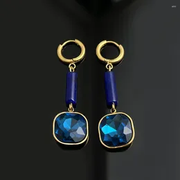 Boucles d'oreilles pendantes en acier inoxydable pour femmes, pierre naturelle, pendentif en verre bleu, bijoux Lapis Lazuli, déclaration de mariage