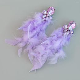 Boucles d'oreilles pendantes déclaration boucle d'oreille pour les femmes mariée couleur cristal plume longue suspension gland luxe Fuchsia bijoux de bal
