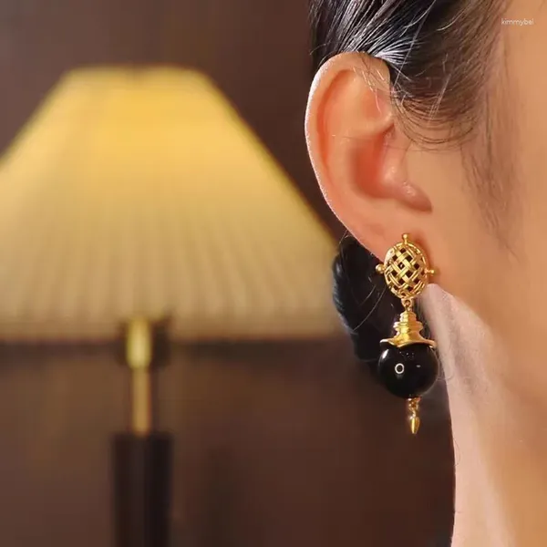 Boucles d'oreilles pendantes pour femmes, bijoux de personnalité, boules noires métalliques, à la mode