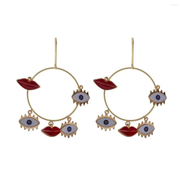 Boucles d'oreilles pendantes couleur or Style bohème, grandes lèvres rouges, yeux ronds, pendentif exagéré pour femmes, bijoux à la mode