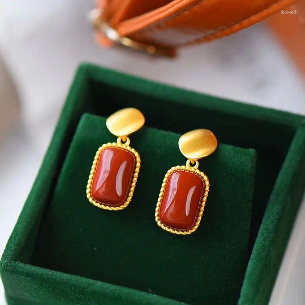 Boucles d'oreilles pendantes en argent sterling S925 carré agate rouge du sud simple style froid gracieux ethnique femme