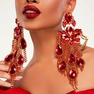 Dange oorbellen Stonefans Red Tassel Lang sprankelend elegant voor vrouwen Boheemse overdreven sieraden Luxe kristalaccessoires Geschenk