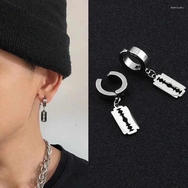 Boucles d'oreilles pendantes Streetwear Mode Safe Blade Drop Pendentif pour hommes en acier inoxydable Petit cerceau Boucles d'oreille Hip Hop Cool Party Bijoux