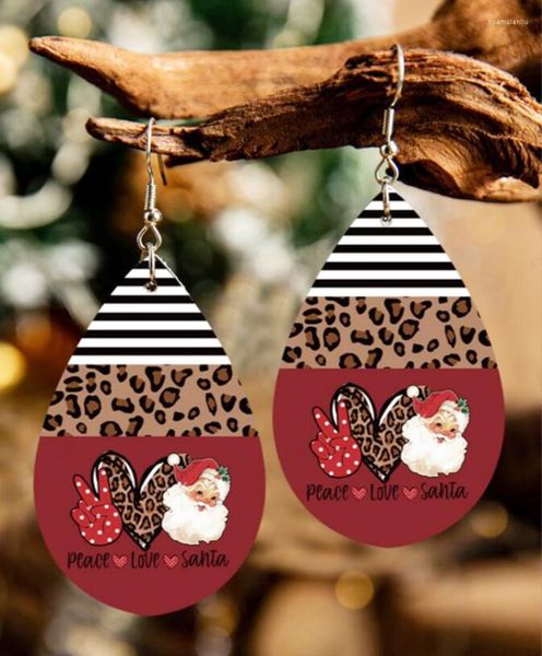 Pendientes colgantes rayas leopardo negro bloqueado brillo cuero árbol de Navidad Santa Claus muñeco de nieve lágrima para mujer joyería de vacaciones