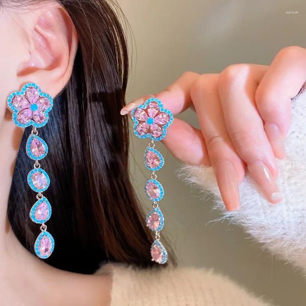 Boucles d'oreilles pendantes pour femmes, en argent 925, aiguille en pierre de Zircon bleue et rose, bijoux à la mode, accessoires fins de fête