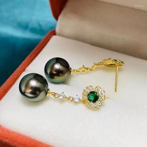 Boucles d'oreilles pendantes en argent Sterling 925 pour femmes, superbes boucles d'oreilles rondes de tahiti en perles vertes noires de 10 à 11mm, longues de 925 s